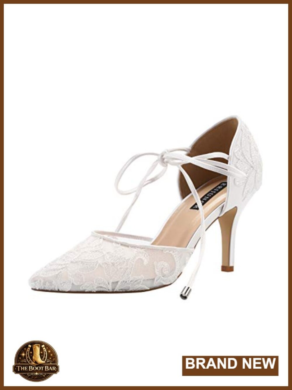 Ivory Lace Mesh Satin Wedding Shoes Mid Heel Ankle Strap Pointed Toe Pumps